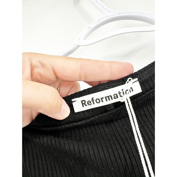 Reformation Belmont Black Ribbed Knit Gathered 3/4 Sleeve Midi Dress Size M NWT - Picture 6 of 7